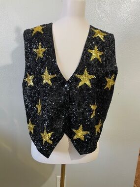 Vintage Fashion Fantacy Black Star Sequin Vest Medium Snap Close Party Top Retro